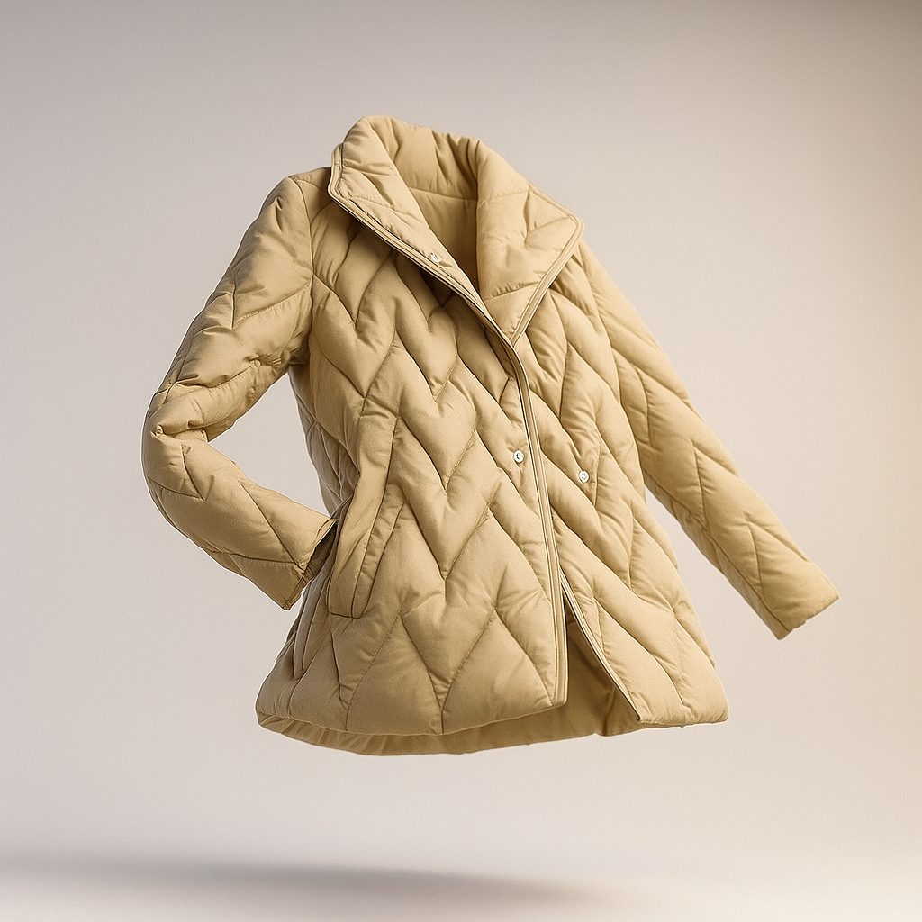 Christine Brewer Chloe belted quilted puffer jacket for women in floating beige, featuring a cozy quilted design and waist belt.