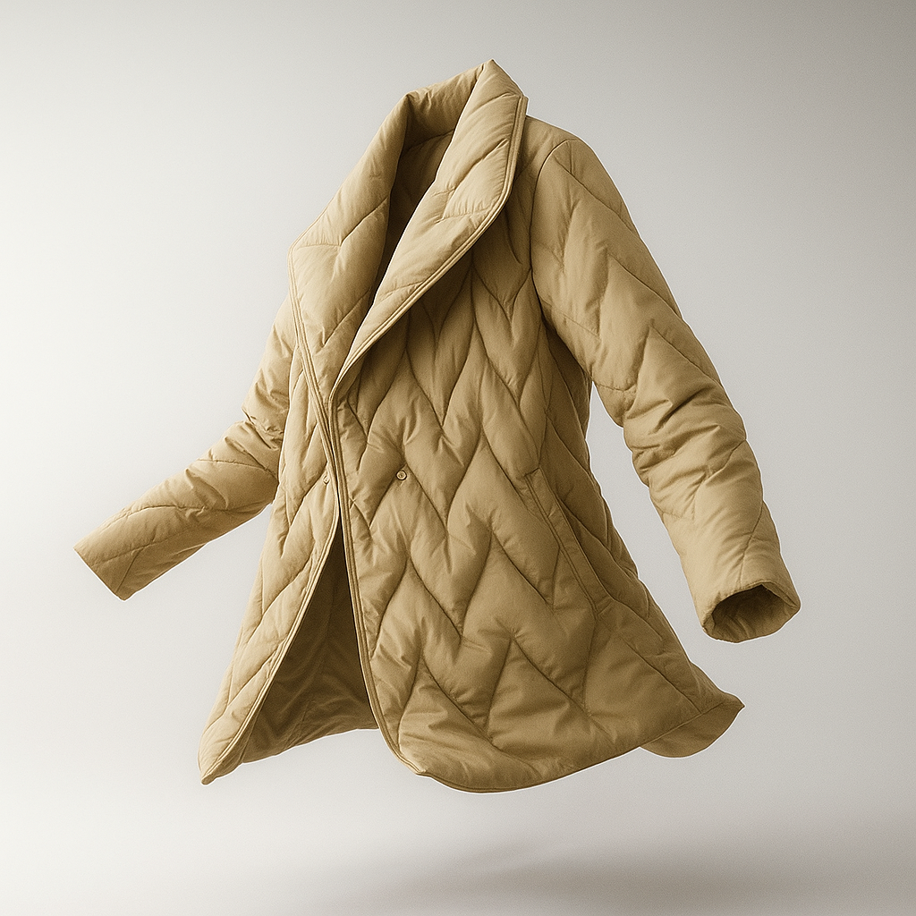 Christine Brewer Chloe belted quilted puffer jacket for women in floating beige with a stylish belt and cozy quilted design.