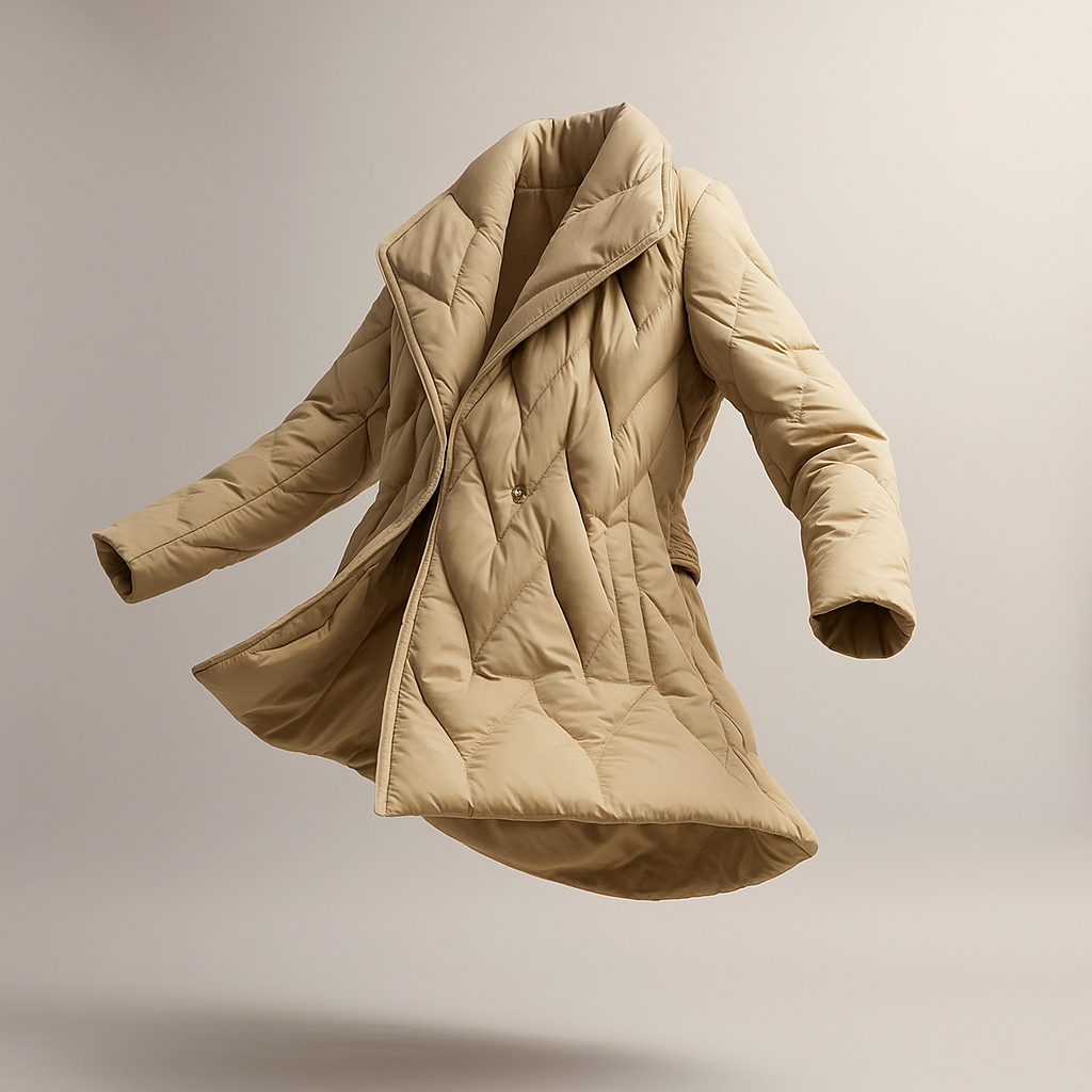 Beige Chloe belted quilted puffer jacket for women with a relaxed fit, featuring a stylish quilted pattern and front belt.