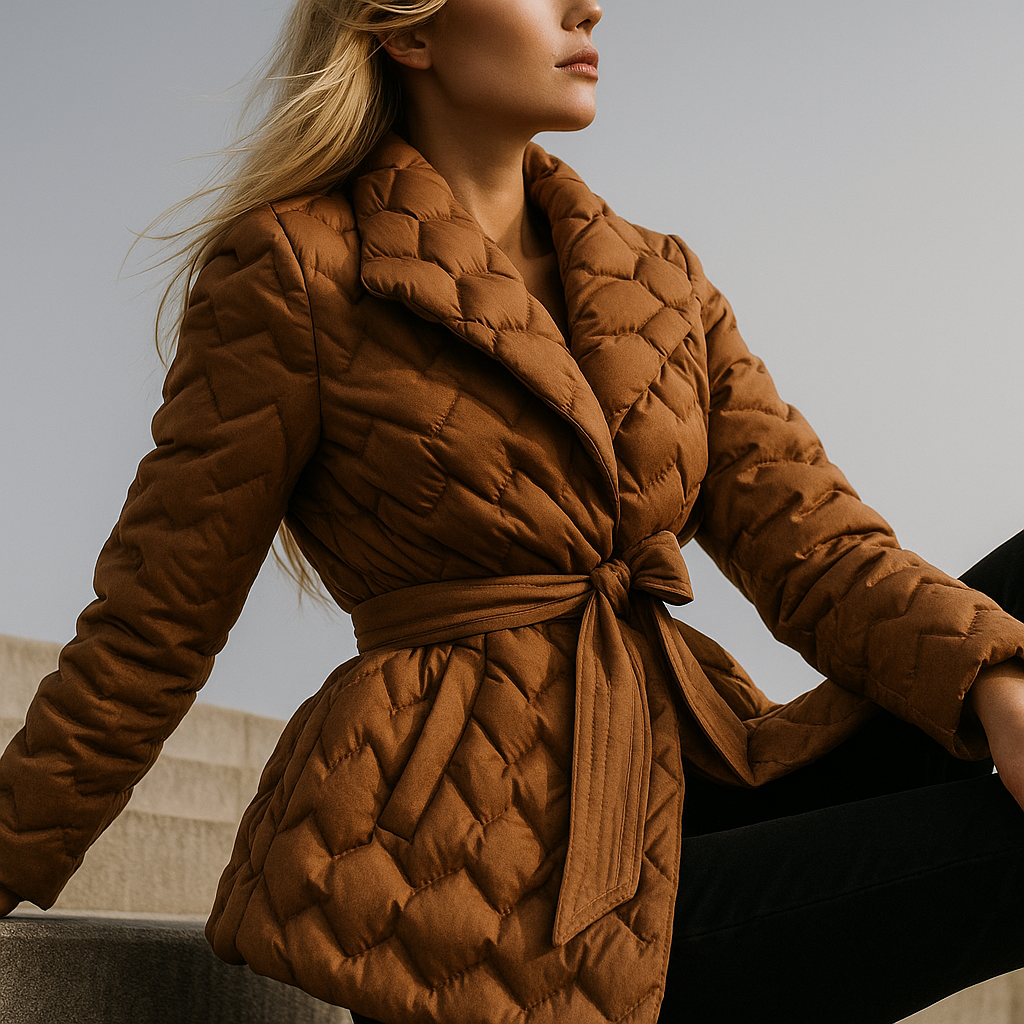 Brown Chloe belted quilted puffer jacket for women by Christine Brewer, showcasing a stylish insulated winter coat with belt details.