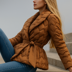 Brown Chloe belted quilted puffer jacket for women, by Christine Brewer, shown with front view and waist belt detail.