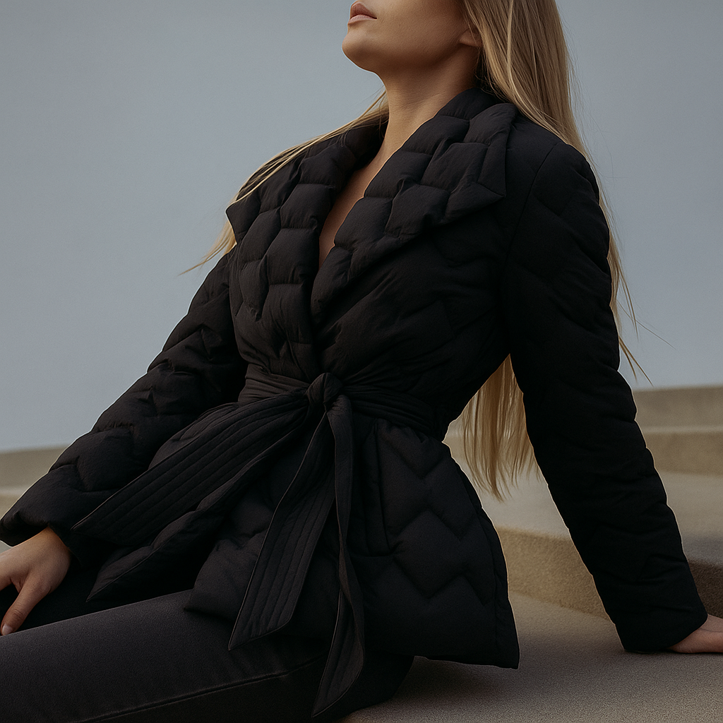 Black belted quilted puffer jacket for women by Christine Brewer, stylish and insulated with a quilted design and waist belt.