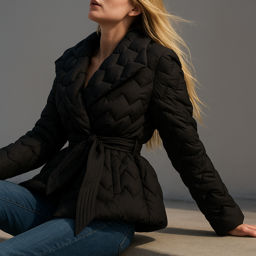 Black belted quilted puffer jacket for women by Christine Brewer, featuring a stylish design and quilted texture.