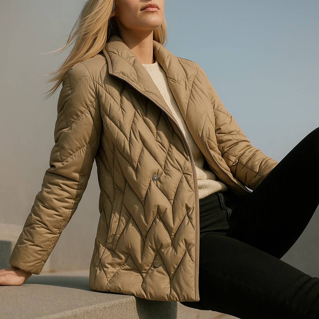 Beige Chloe belted quilted puffer jacket for women, featuring a stylish design with a waist belt and puffy quilted texture.