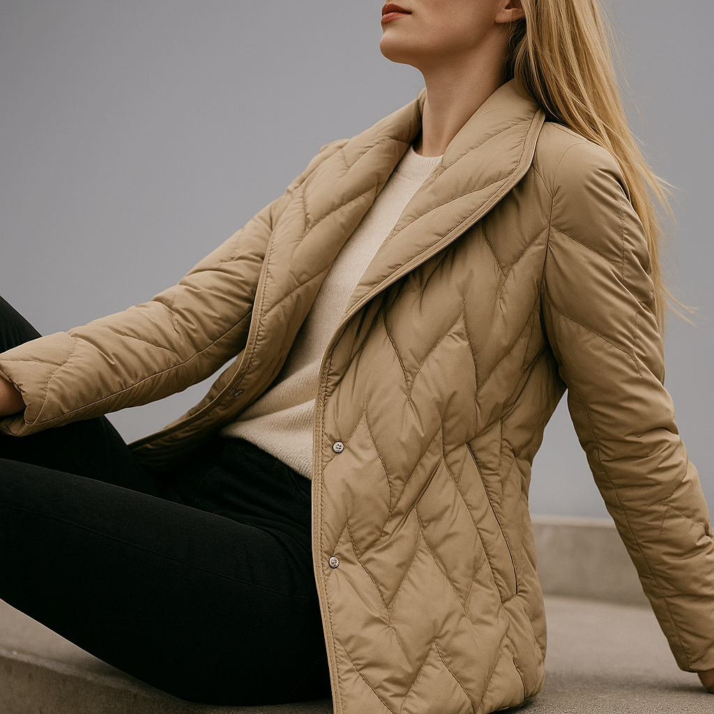 Beige Chloe belted quilted puffer jacket for women by Christine Brewer, featuring a stylish quilted design and adjustable belt.