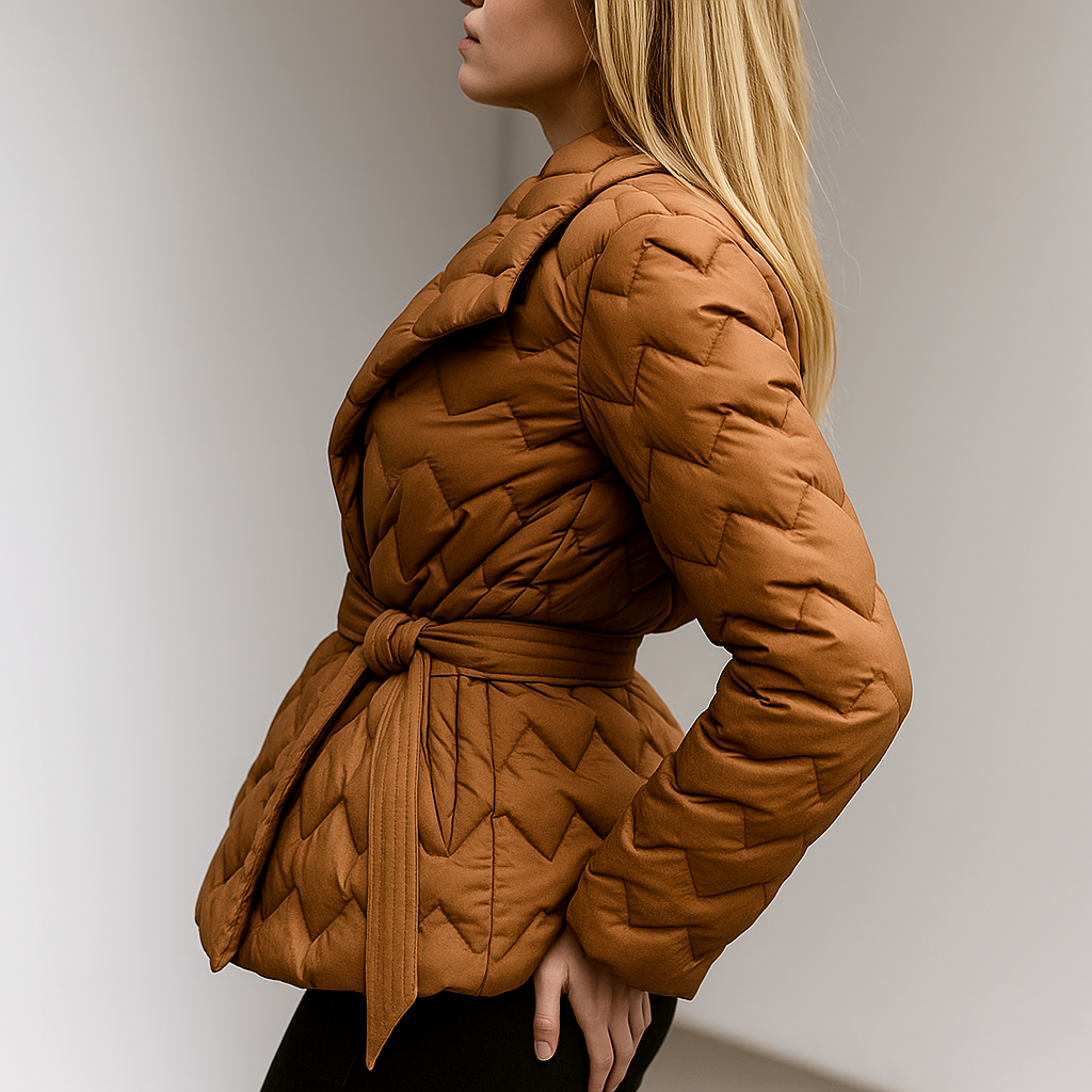 Brown Chloe belted quilted puffer jacket for women by Christine Brewer, featuring a stylish quilted design and waist belt.