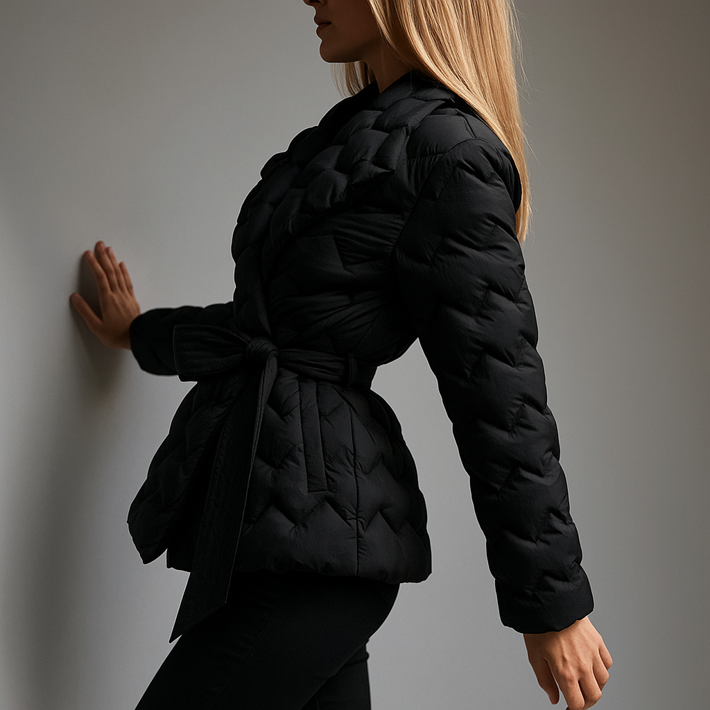 Black Chloe belted quilted puffer jacket for women by Christine Brewer, displayed on a mannequin showing front view.