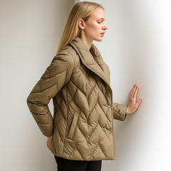 Christine Brewer Chloe belted quilted puffer jacket for women, stylish puffer with belt and quilted design, suitable for cold weather.