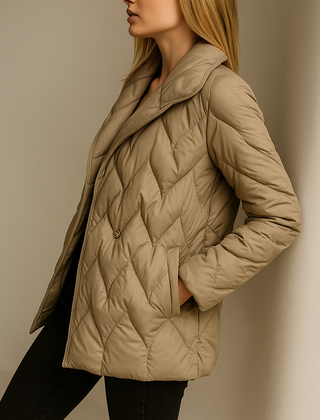 Christine Brewer Chloe belted quilted puffer jacket for women, stylish winter outerwear with a quilted design and waist belt.