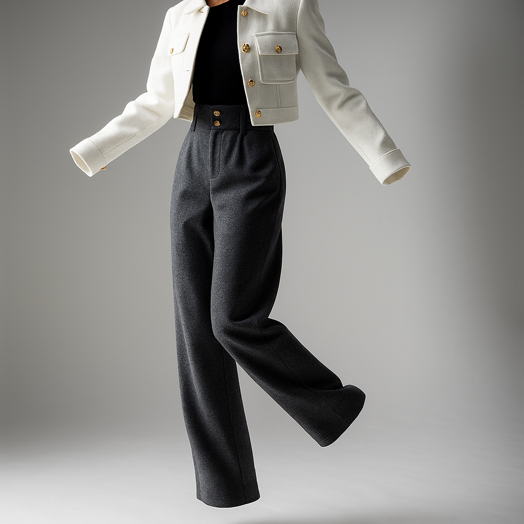 Gray tailored wide-leg trousers for women by Christine Brewer, featuring a floating fit and elegant design.