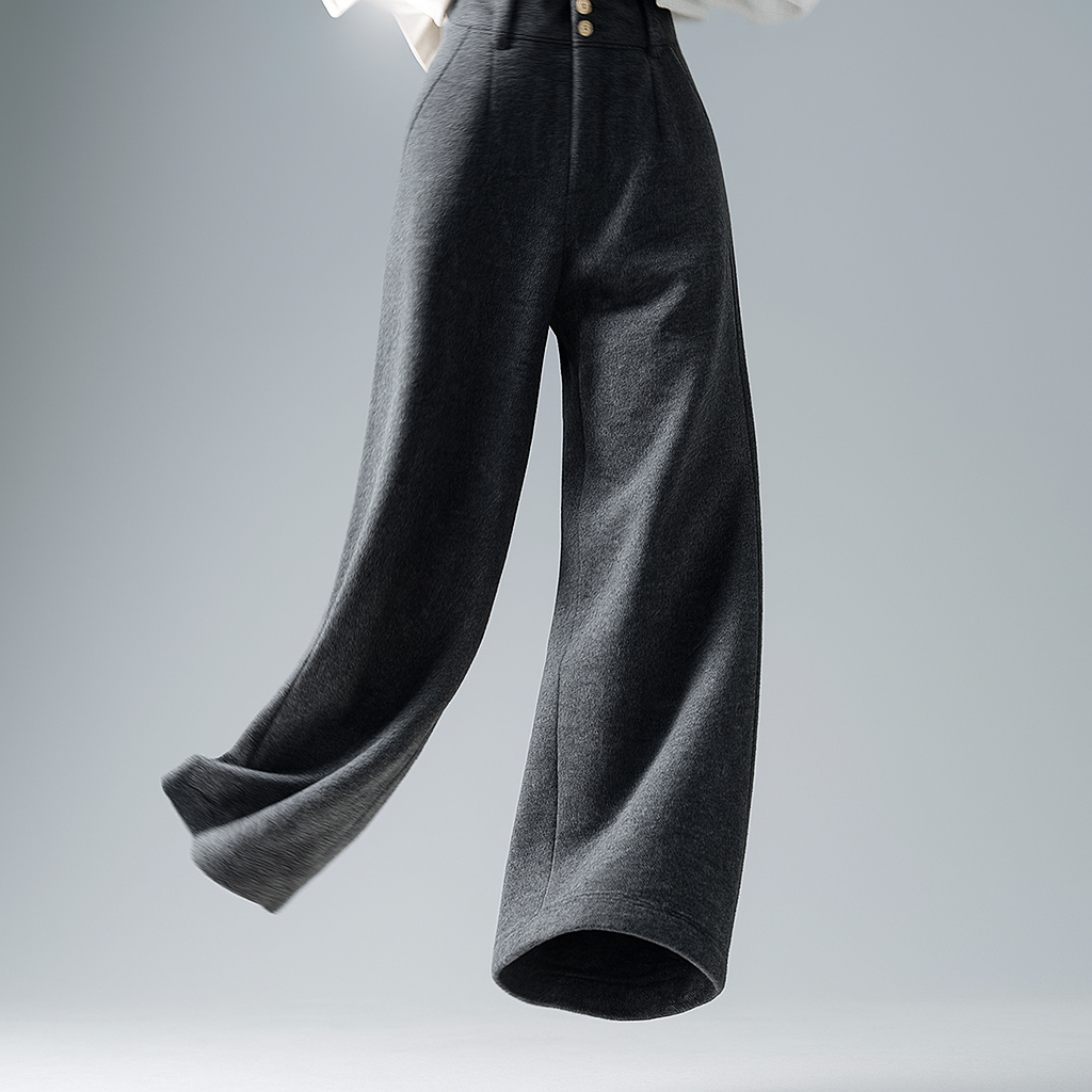Elegant gray tailored wide-leg trousers for women by Christine Brewer, shown on a model with a relaxed fit and high waist.