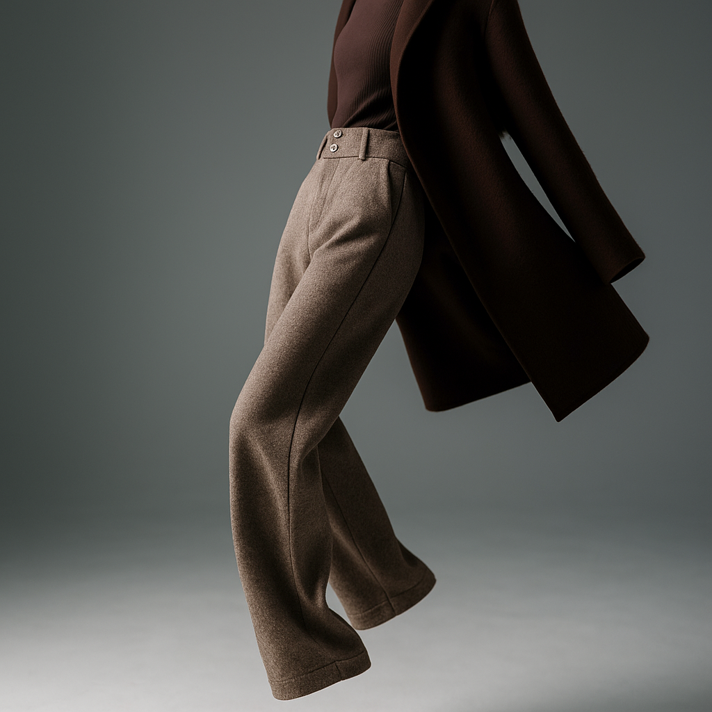 Tailored wide-leg trousers for women by Christine Brewer, featuring a high waist and flowing, elegant fabric in a neutral color.