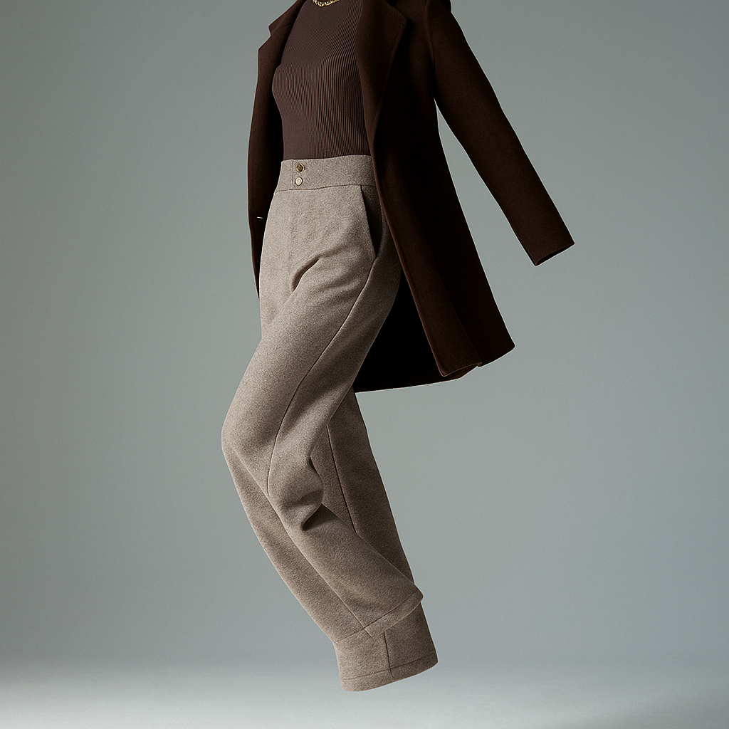 Elegant wide-leg tailored trousers for women by Christine Brewer, shown in a stylish floating pose.