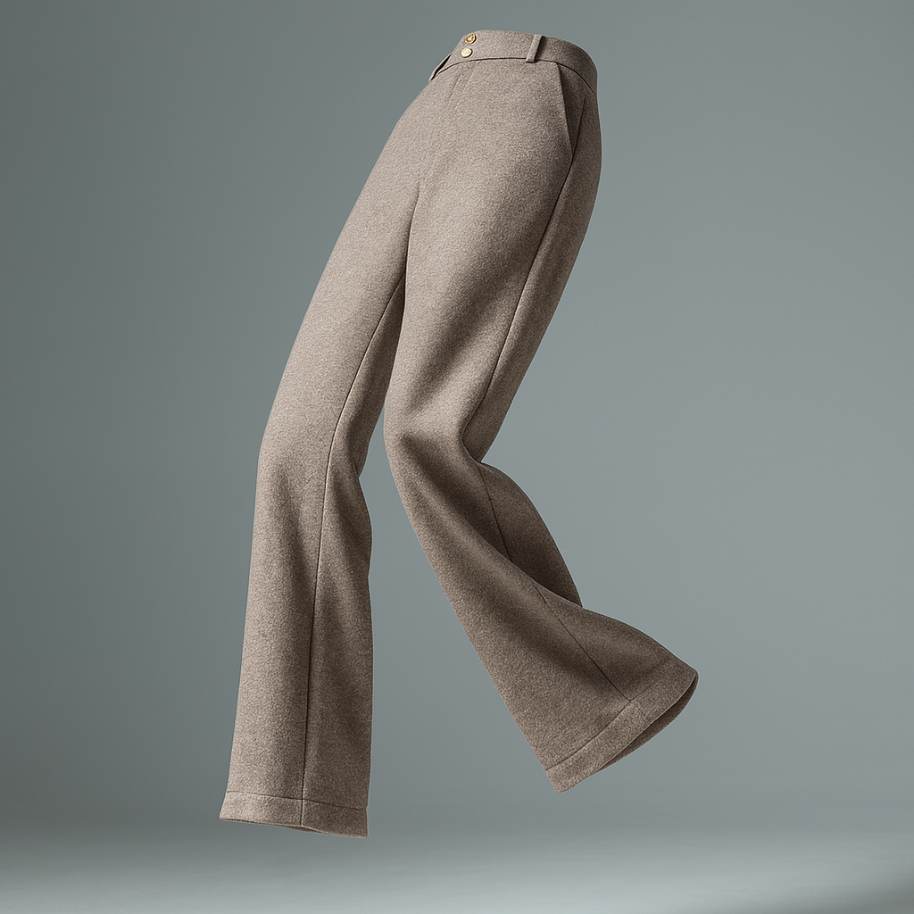Women’s wide-leg tailored trousers by Christine Brewer, Abigail style, shown in a neutral fabric with a high waist and flowing fit.
