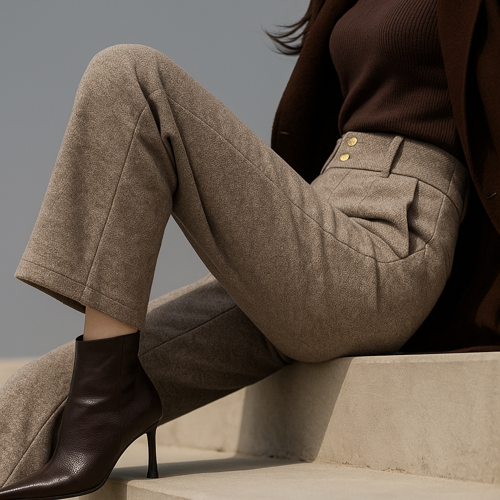 Gray tailored wide-leg trousers for women by Christine Brewer, styled in a chic, modern ensemble.