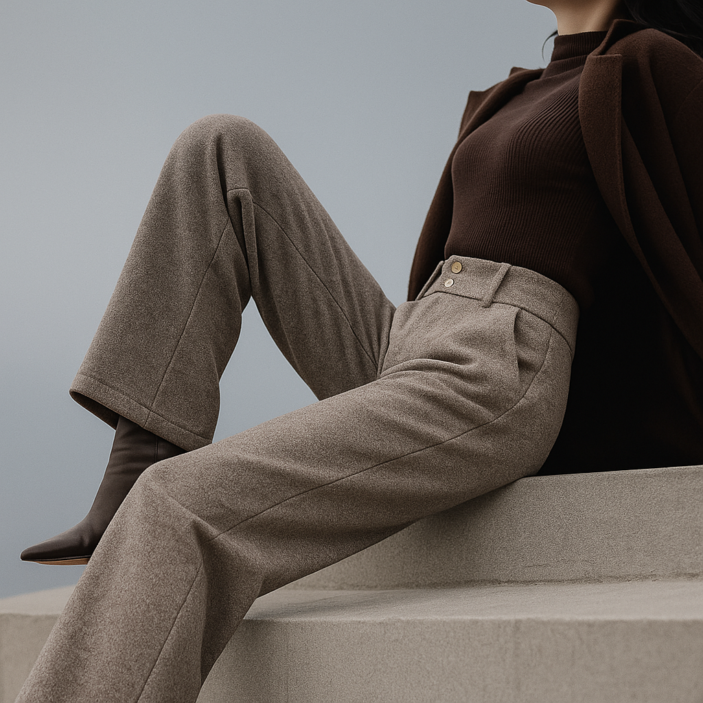 Gray tailored wide-leg trousers for women by Christine Brewer, styled on a model with a sleek, modern look.