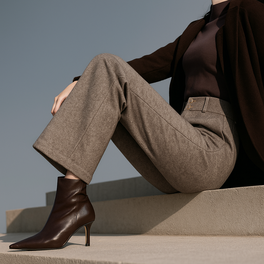 Tailored gray wide-leg trousers for women by Christine Brewer, shown on a model with a structured fit and sleek design.