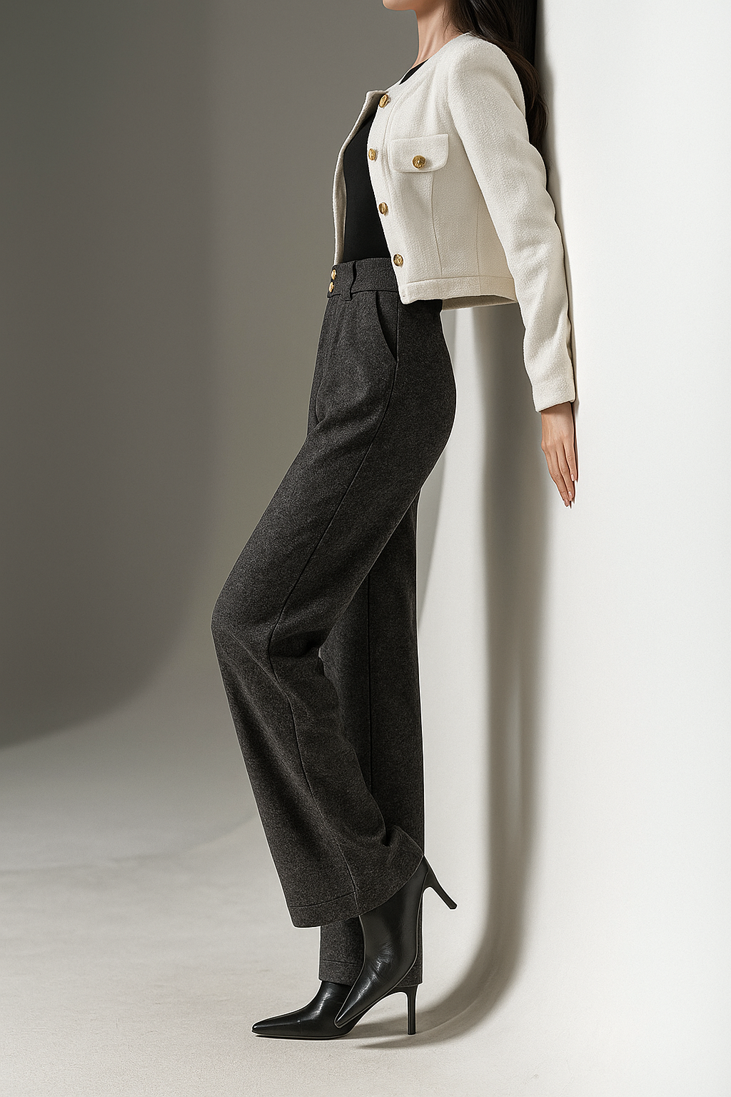 Women’s tailored wide-leg trousers by Christine Brewer, Abigail style, shown in a chic, neutral fabric with a high waist and relaxed fit.