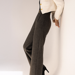 Christine Brewer Abigail wide-leg tailored trousers for women, beige fabric, high waist, and relaxed fit displayed on a model.
