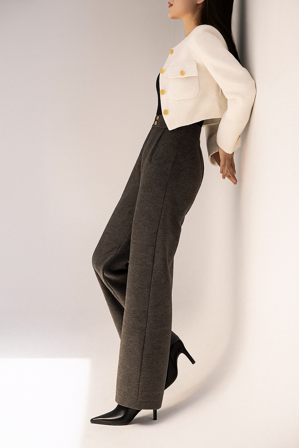 Christine Brewer Abigail wide-leg tailored trousers for women, beige fabric, high waist, and relaxed fit displayed on a model.