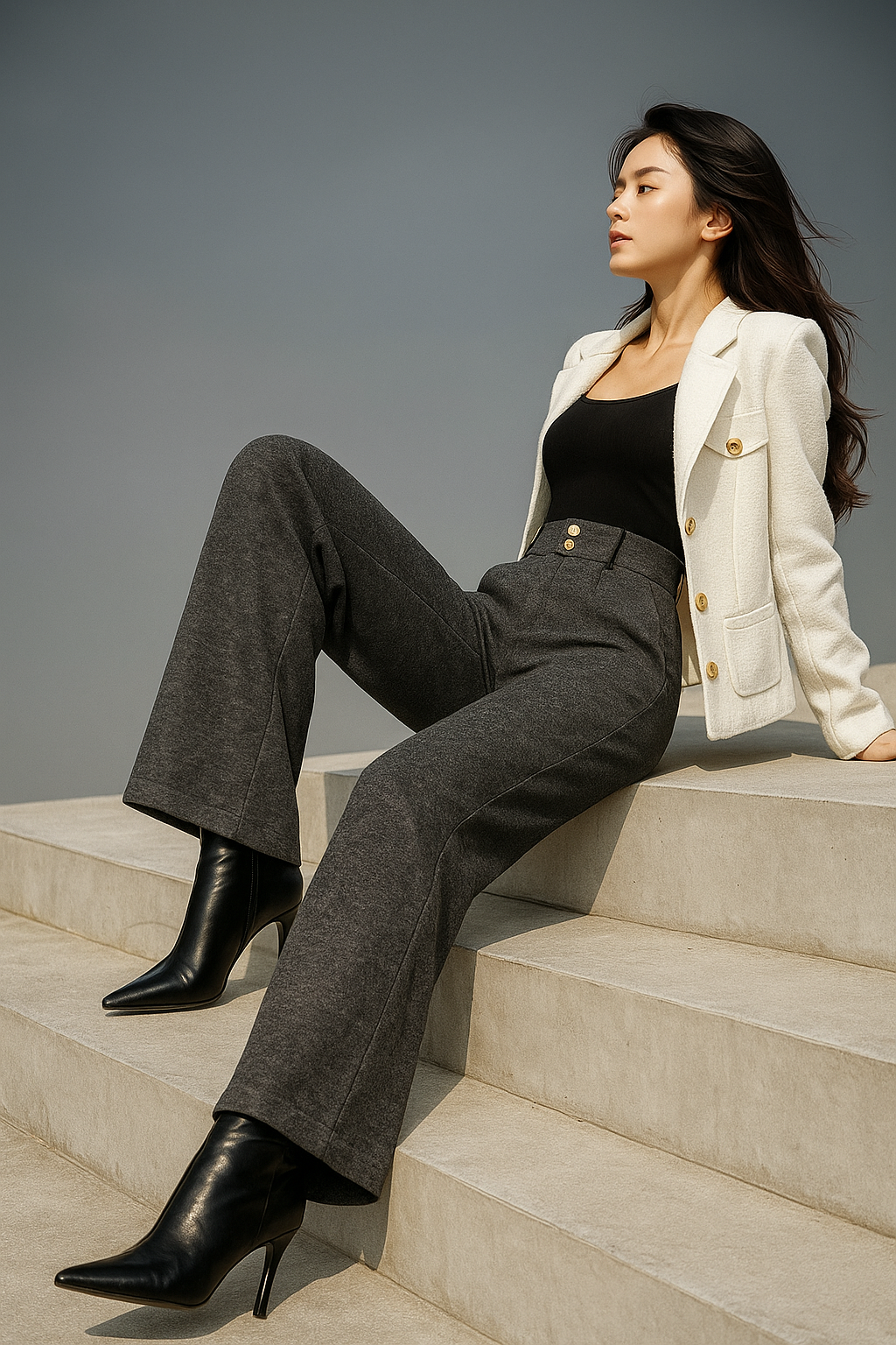 Gray tailored wide-leg trousers for women by Christine Brewer, featuring a sophisticated, elegant design in the image.