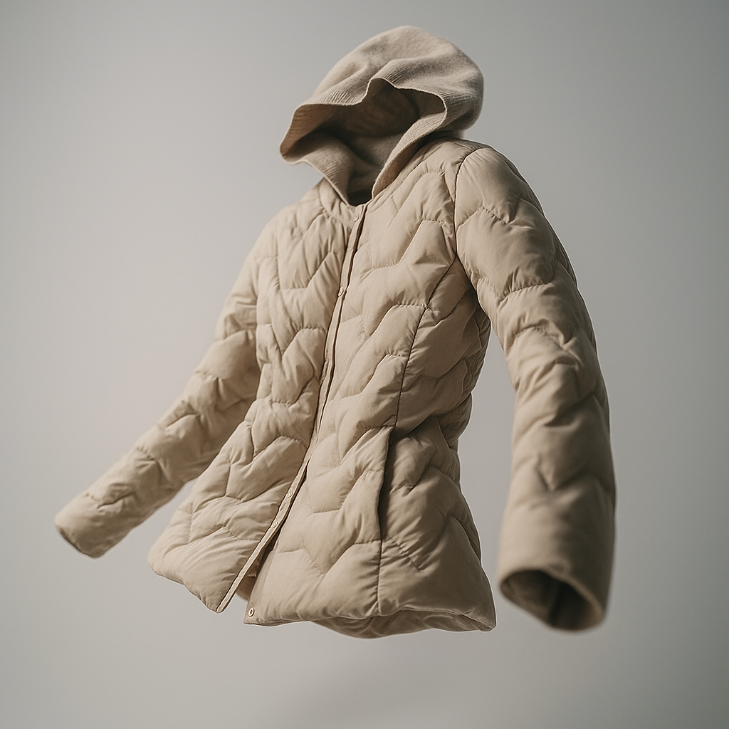 Women's Zoe hooded quilted puffer jacket by Christine Brewer, stylishly designed with a quilted texture and hood for warmth and elegance.
