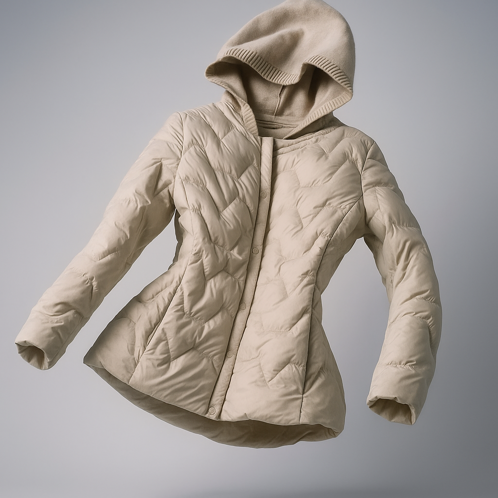 Christine Brewer Zoe hooded quilted puffer jacket for women, stylish insulated outerwear with a quilted design and attached hood.