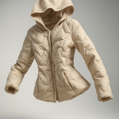 Women's hooded quilted puffer jacket by Christine Brewer, featuring a stylish, insulated design with a hood and quilted pattern.