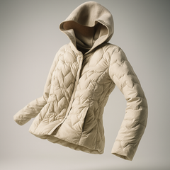 Women’s quilted puffer jacket with hood by Christine Brewer, featuring a sleek, floating design and elegant quilting details.