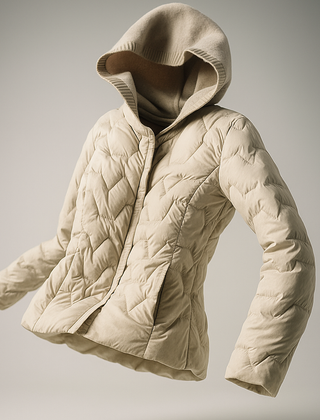 Women’s quilted puffer jacket with hood by Christine Brewer, featuring a sleek, floating design and elegant quilting details.