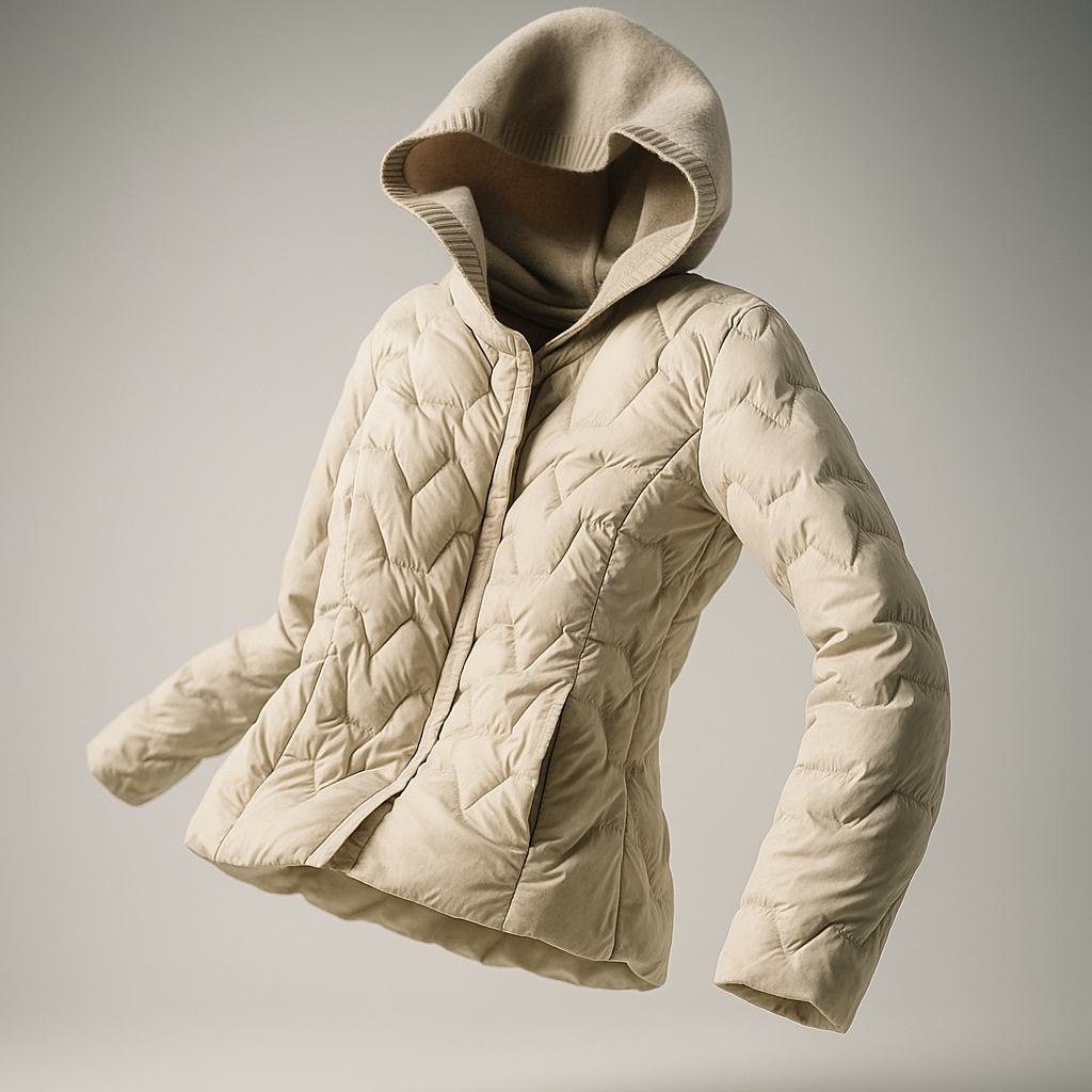 Women’s quilted puffer jacket with hood by Christine Brewer, featuring a sleek, floating design and elegant quilting details.