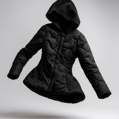 Women’s black hooded quilted puffer jacket by Christine Brewer, Zoe, with a front zipper and padded insulated design.