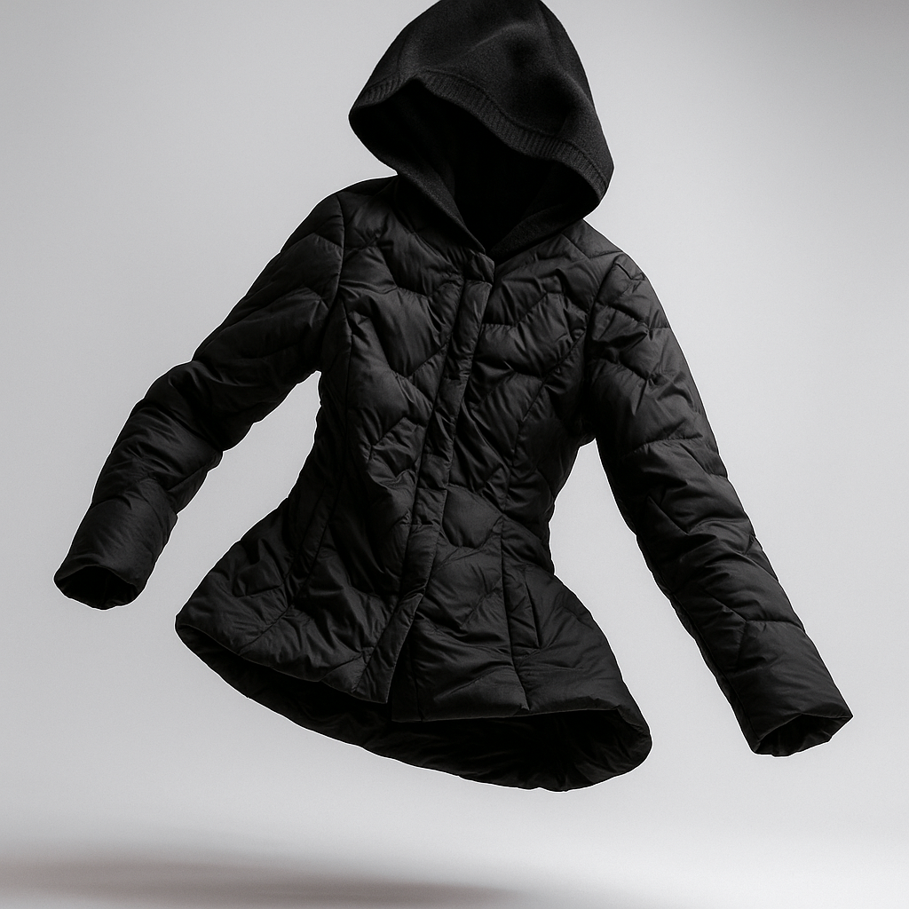 Women’s black hooded quilted puffer jacket by Christine Brewer, Zoe, with a front zipper and padded insulated design.