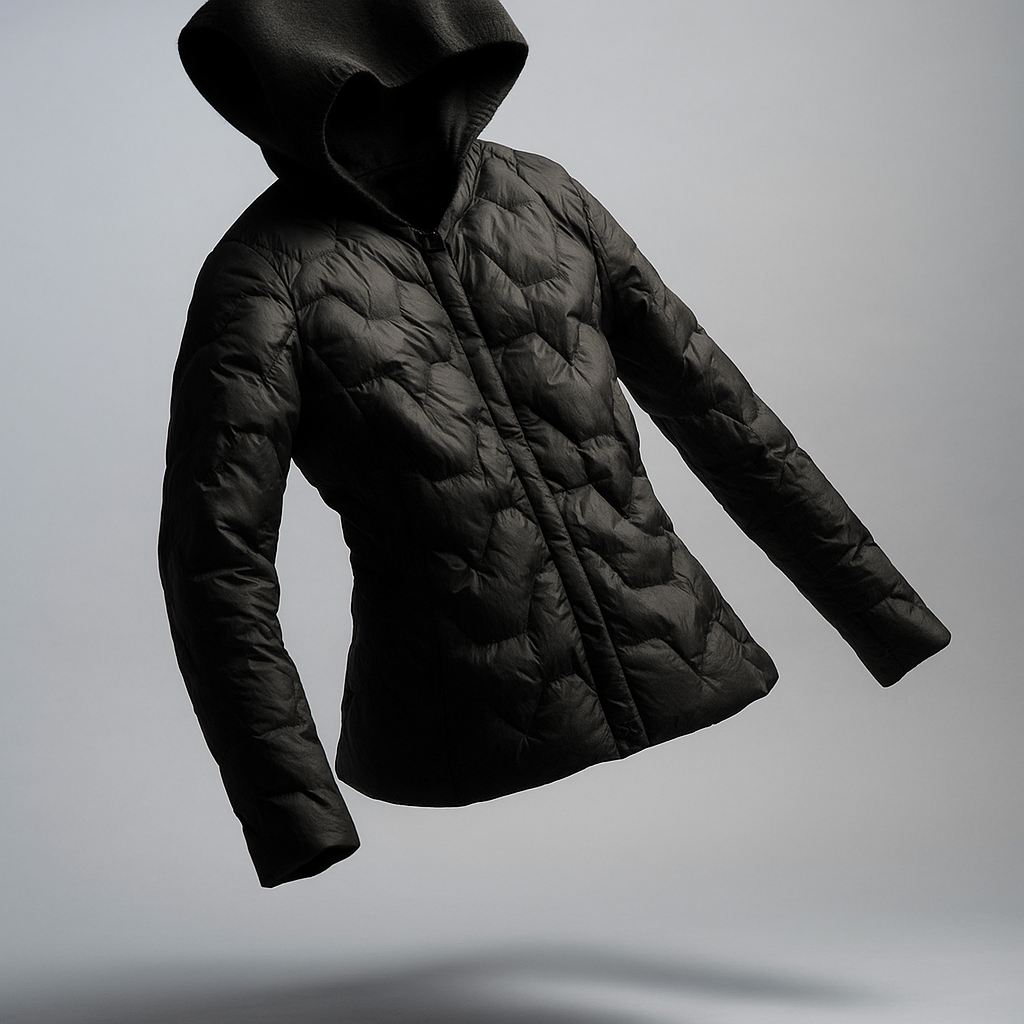 Black Zoe hooded quilted puffer jacket for women by Christine Brewer, shown with a front view and hood detail.