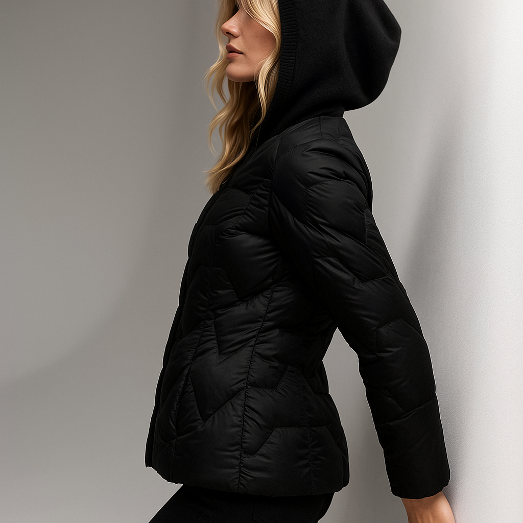 Black hooded quilted puffer jacket for women by Christine Brewer, featuring a cozy design and quilted texture.