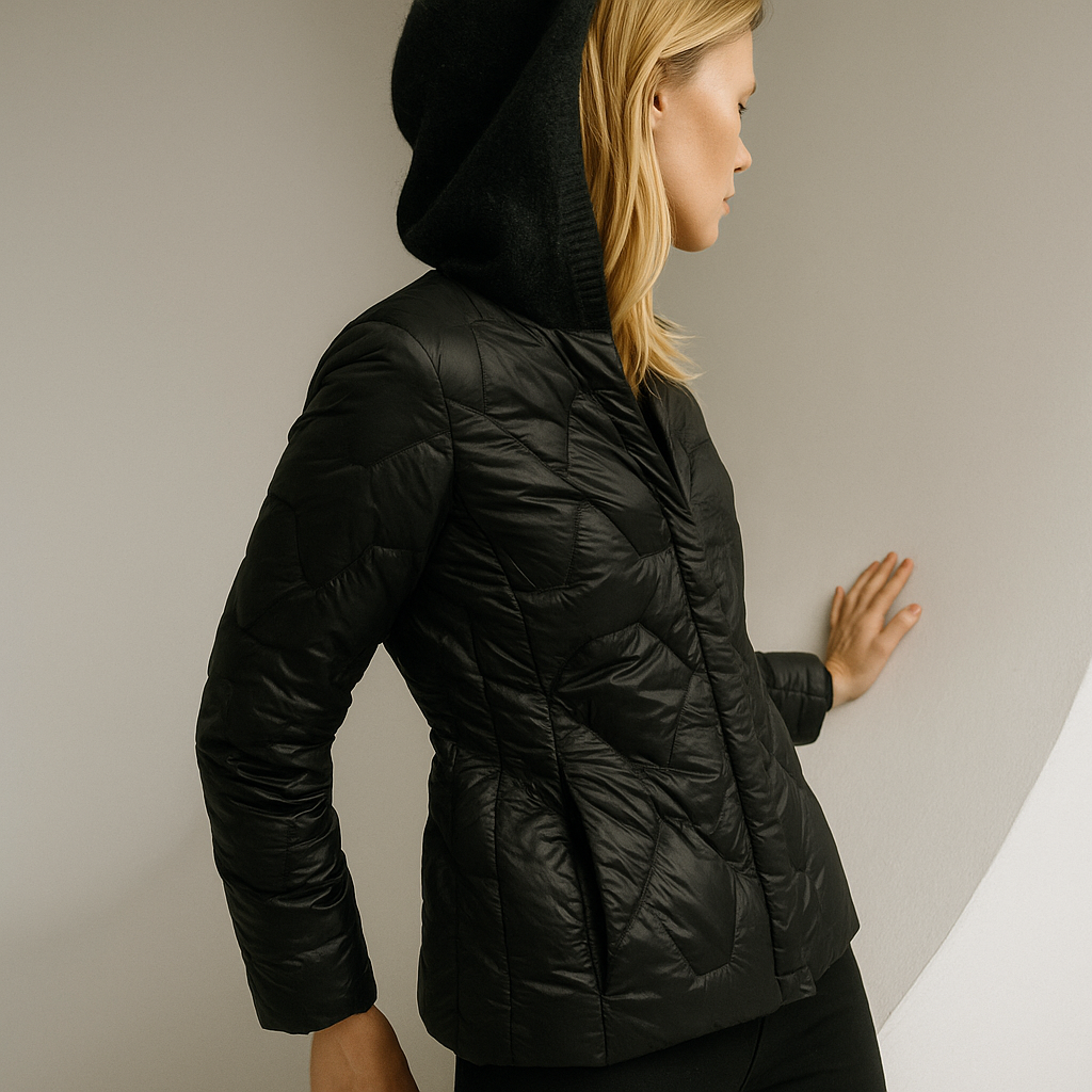 Black Zoe hooded quilted puffer jacket for women by Christine Brewer, displayed on a hanger with visible quilted pattern and hood.