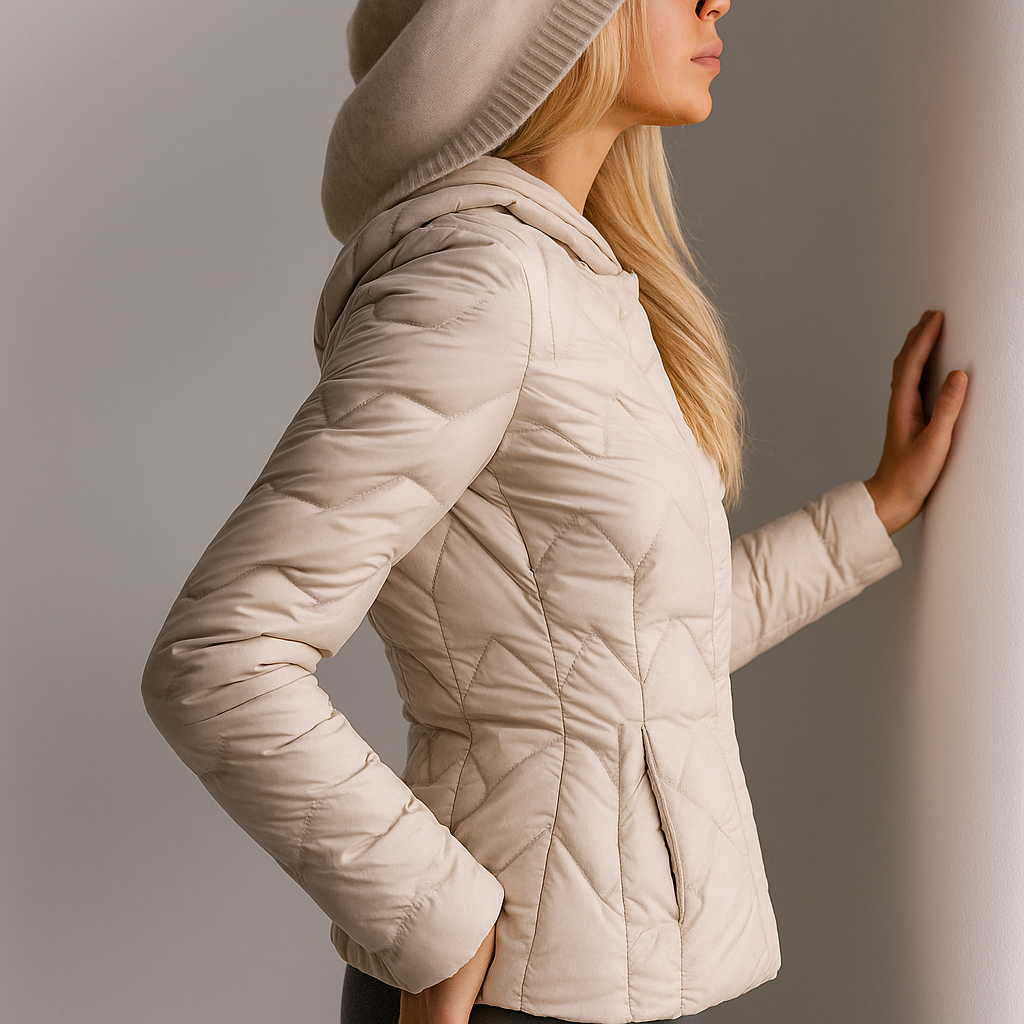Women’s beige quilted puffer jacket with hood by Christine Brewer, featuring a cozy, insulated design for cold weather.