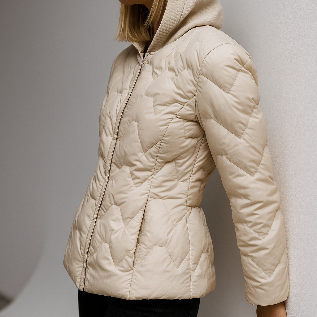 Women’s beige hooded quilted puffer jacket by Christine Brewer, Zoe collection, featuring cozy insulated design and front zipper.