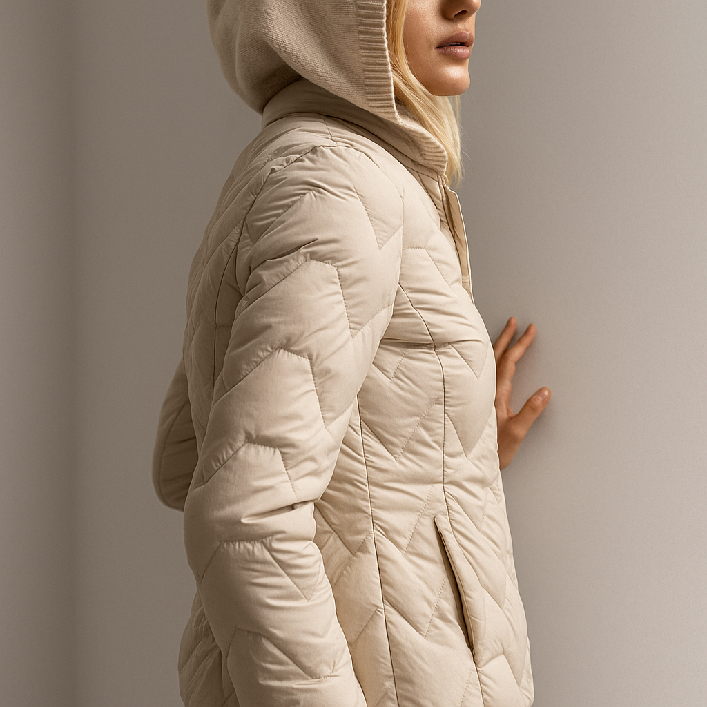 Beige Zoe hooded quilted puffer jacket for women by Christine Brewer, featuring a cozy, insulated design with a front zipper and hood.
