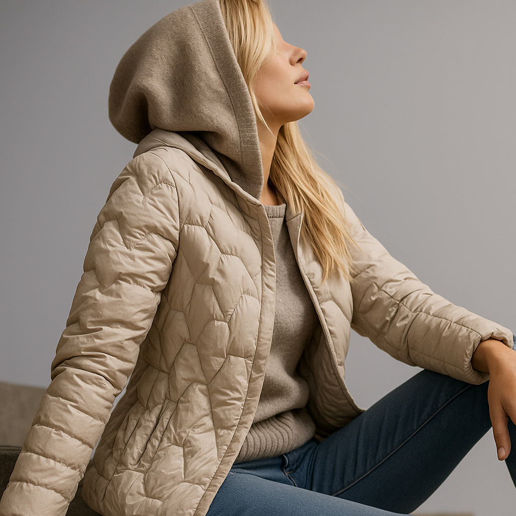 Beige Zoe hooded quilted puffer jacket for women by Christine Brewer, featuring a cozy hood and stylish quilted design.