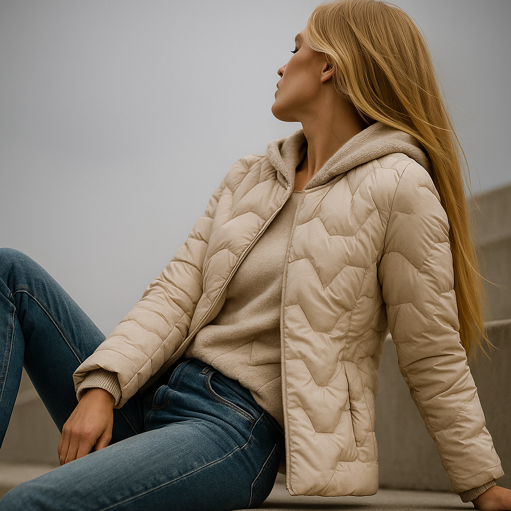 Beige Zoe hooded quilted puffer jacket for women by Christine Brewer, featuring a cozy hood and stylish quilted design.