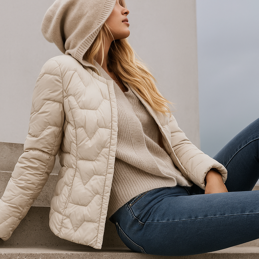 Beige Zoe hooded quilted puffer jacket for women by Christine Brewer, featuring a cozy hood and quilted design.