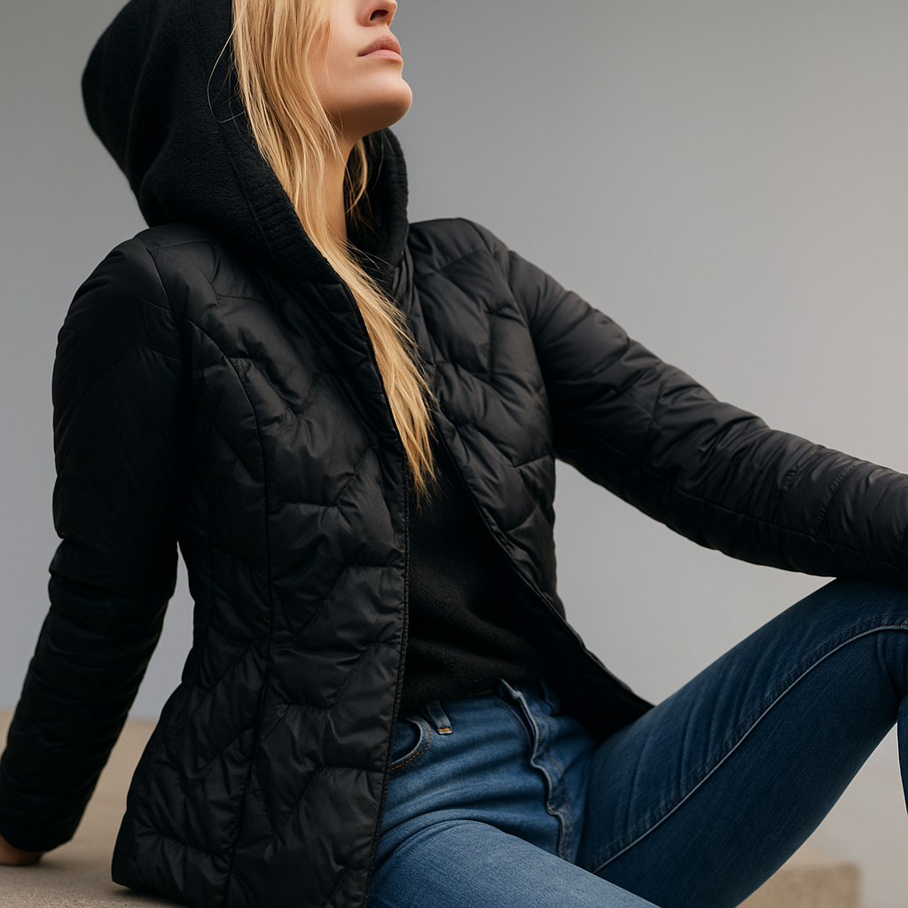 Black Zoe hooded quilted puffer jacket for women by Christine Brewer, displayed on a mannequin with a front view.