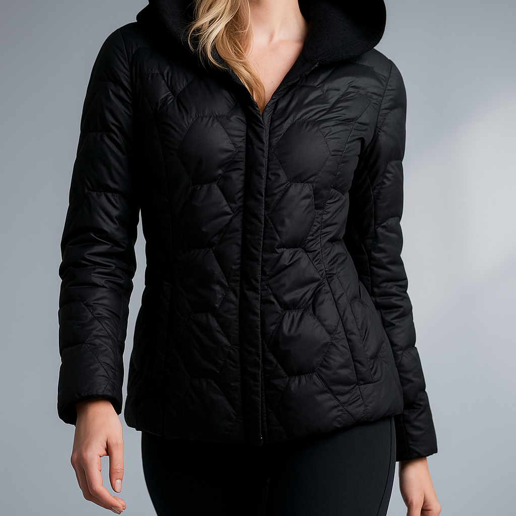 Christine Brewer Zoe women's hooded quilted puffer jacket displayed on a mannequin, featuring a stylish quilted design and hood.