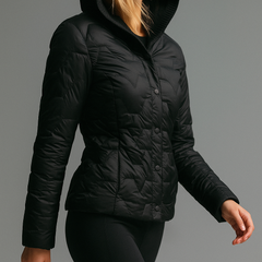 Christine Brewer Zoe women's hooded quilted puffer jacket displayed on a mannequin, showing the jacket's quilted texture and hood.