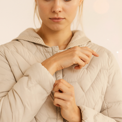 Christine Brewer Zoe women's hooded quilted puffer jacket with front zipper and cozy hood, displayed on a plain background.