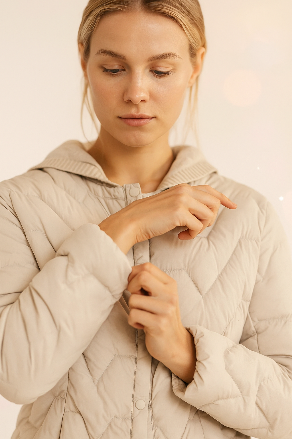Christine Brewer Zoe women's hooded quilted puffer jacket with front zipper and cozy hood, displayed on a plain background.