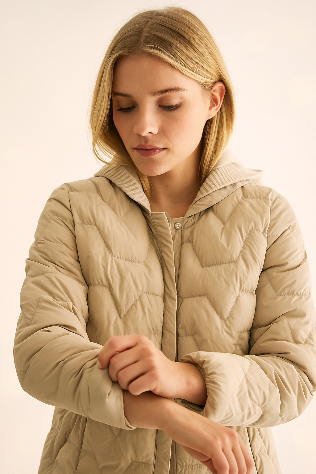 Women's quilted puffer jacket with hood by Christine Brewer, featuring a warm, padded design and front zipper closure.