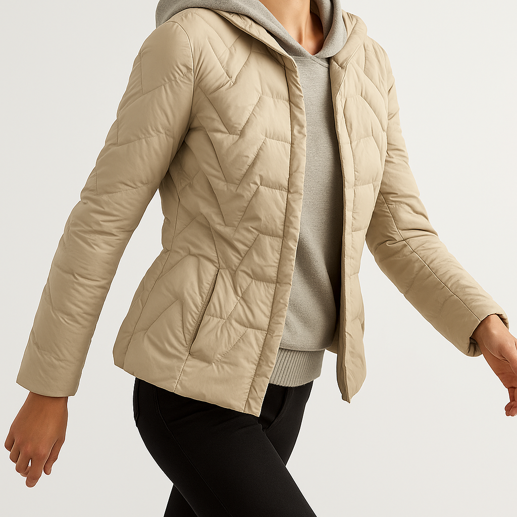 Christine Brewer Zoe women's hooded quilted puffer jacket, stylish winter outerwear with a quilted design and hood for warmth.