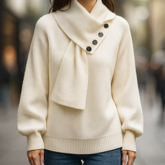 Christine Brewer Nina ribbed scarf neck sweater for women, shown in a street scene with a cozy, stylish knit design.